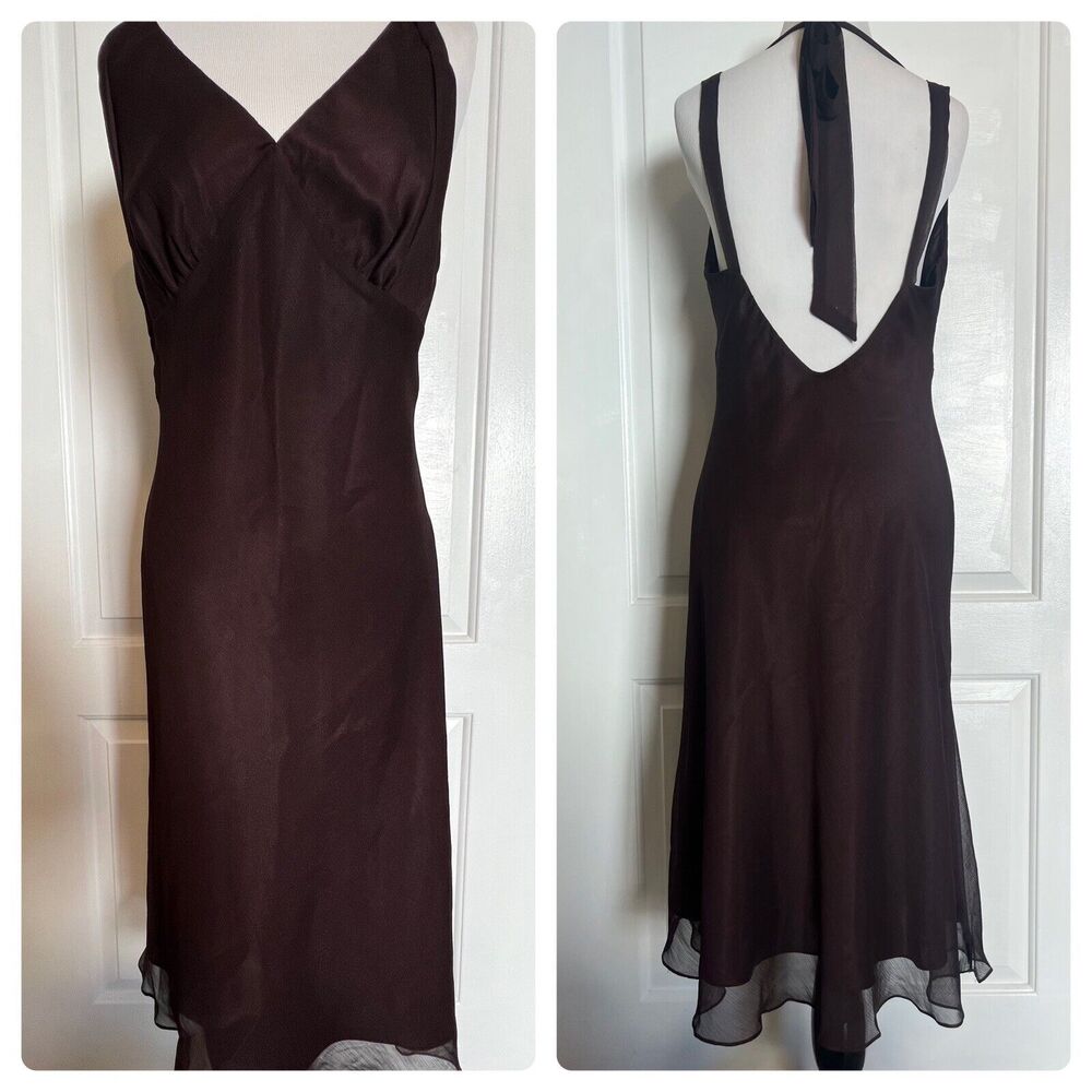 MARIA BONITA Boutique Chiffon Halter Tie-Back Midi V-Neck Slip Dress Brown NWT L